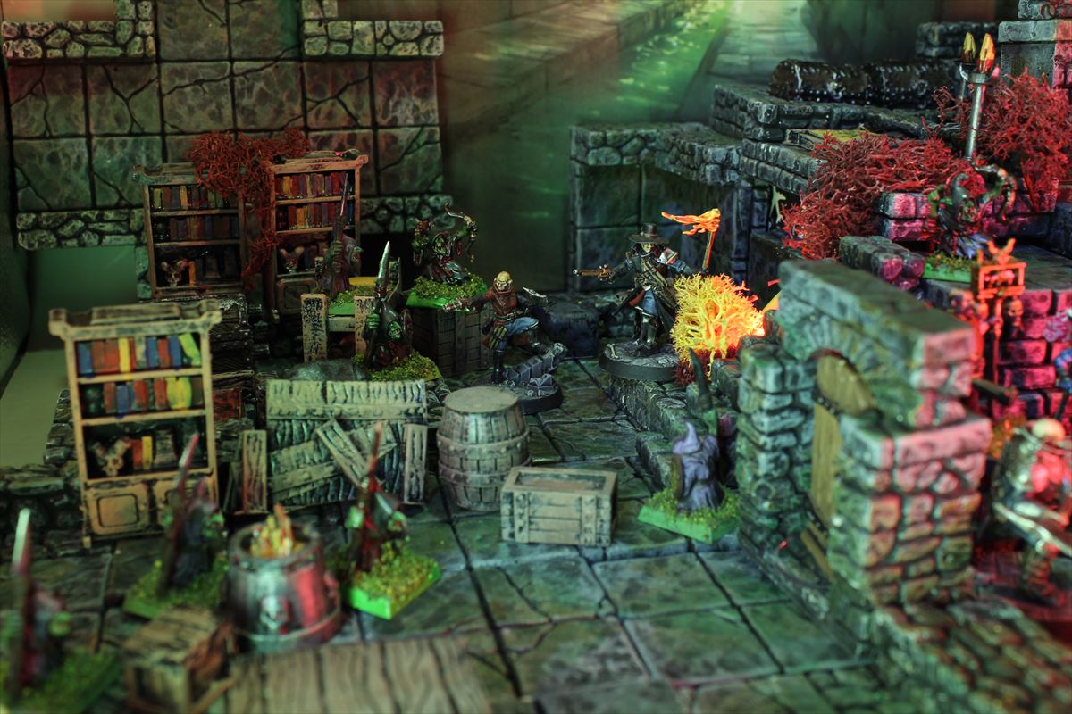Tabletop dungeon terrain with miniatures